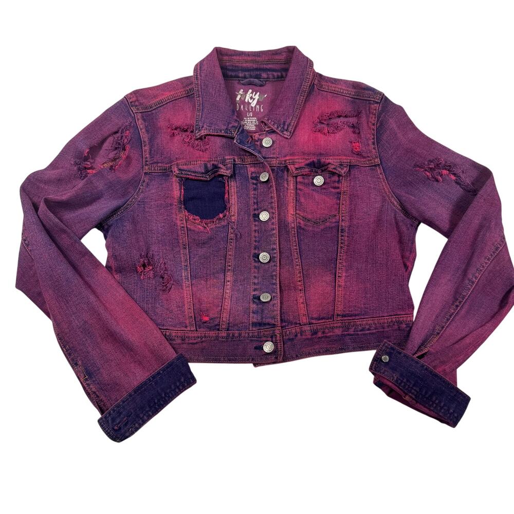 Tokyo Darling Women’s L Pink Purple Distressed Denim Jacket Grunge Stretch Y2K